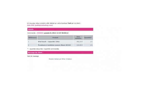 Mail alert in case of product return - Addons Prestashop