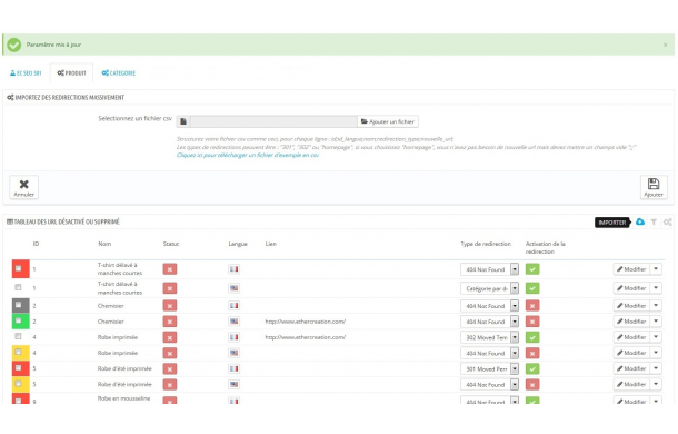 Module SEO 404, 301 produits et catégories supprimés/désactivés - Module Prestashop