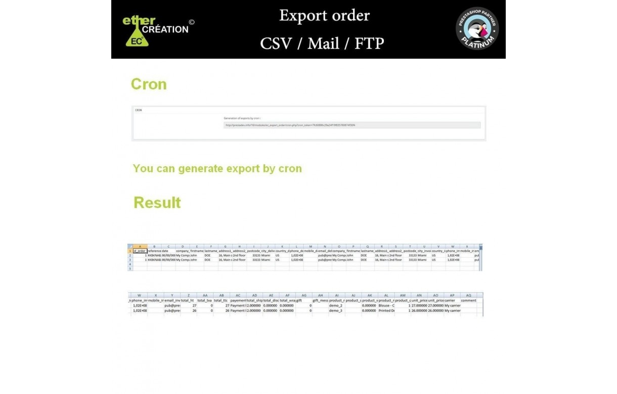 Comment puis-je exporter un fichier de mes commandes ? Quelles sont les  informations incluses ?